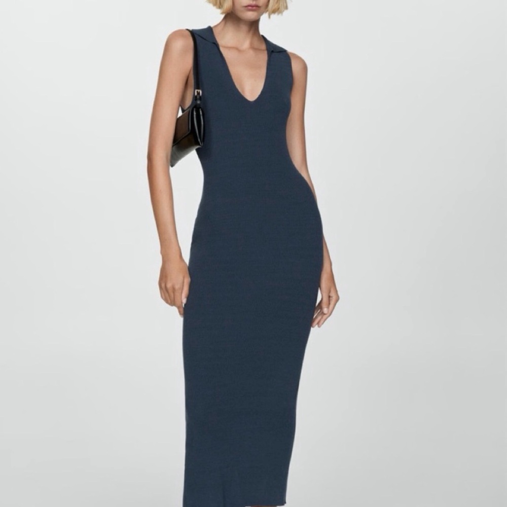 Mango Navy Sleeveless Dress with Collar